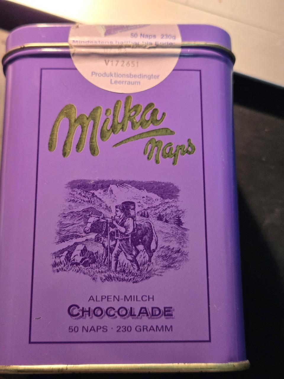 Vintage Milka Naps tinnen blik uit de Letzte neuheit serie,