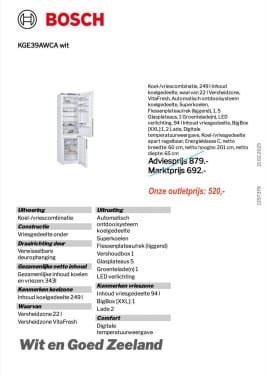 BOSCH Koel-/vries (outlet/nieuw)
