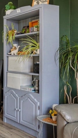 Blauwgrijze houten boekenkast