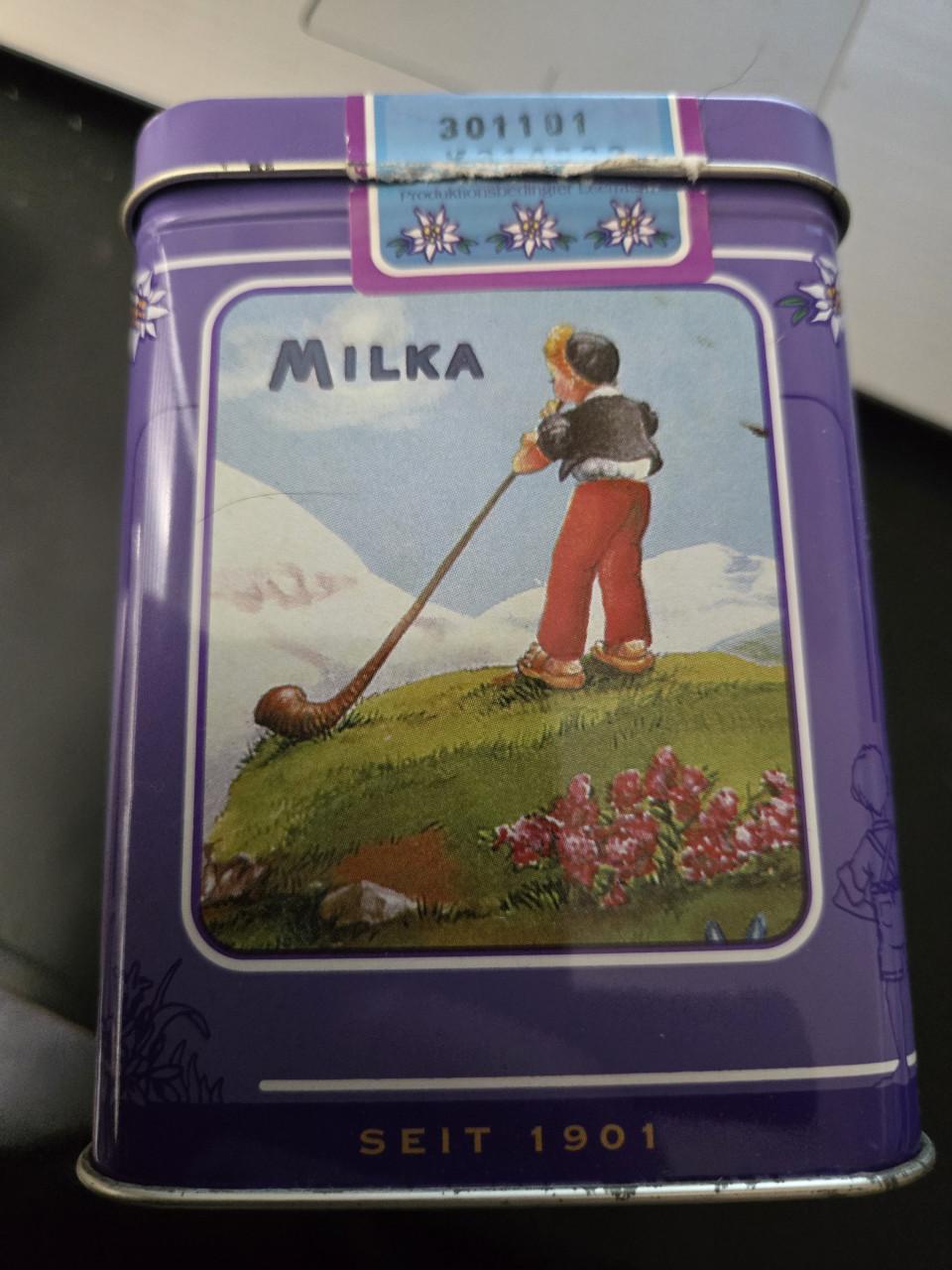 Vintage Milka Naps tinnen blik uit de "Seit 1901" serie,