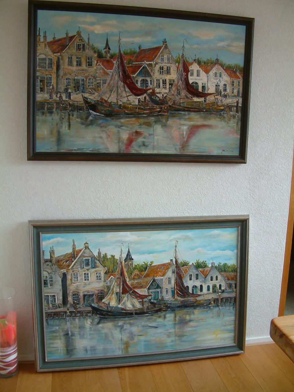 Zuiderzee botters in de haven   140 x 80 cm  olie verf  Jac Caljouw