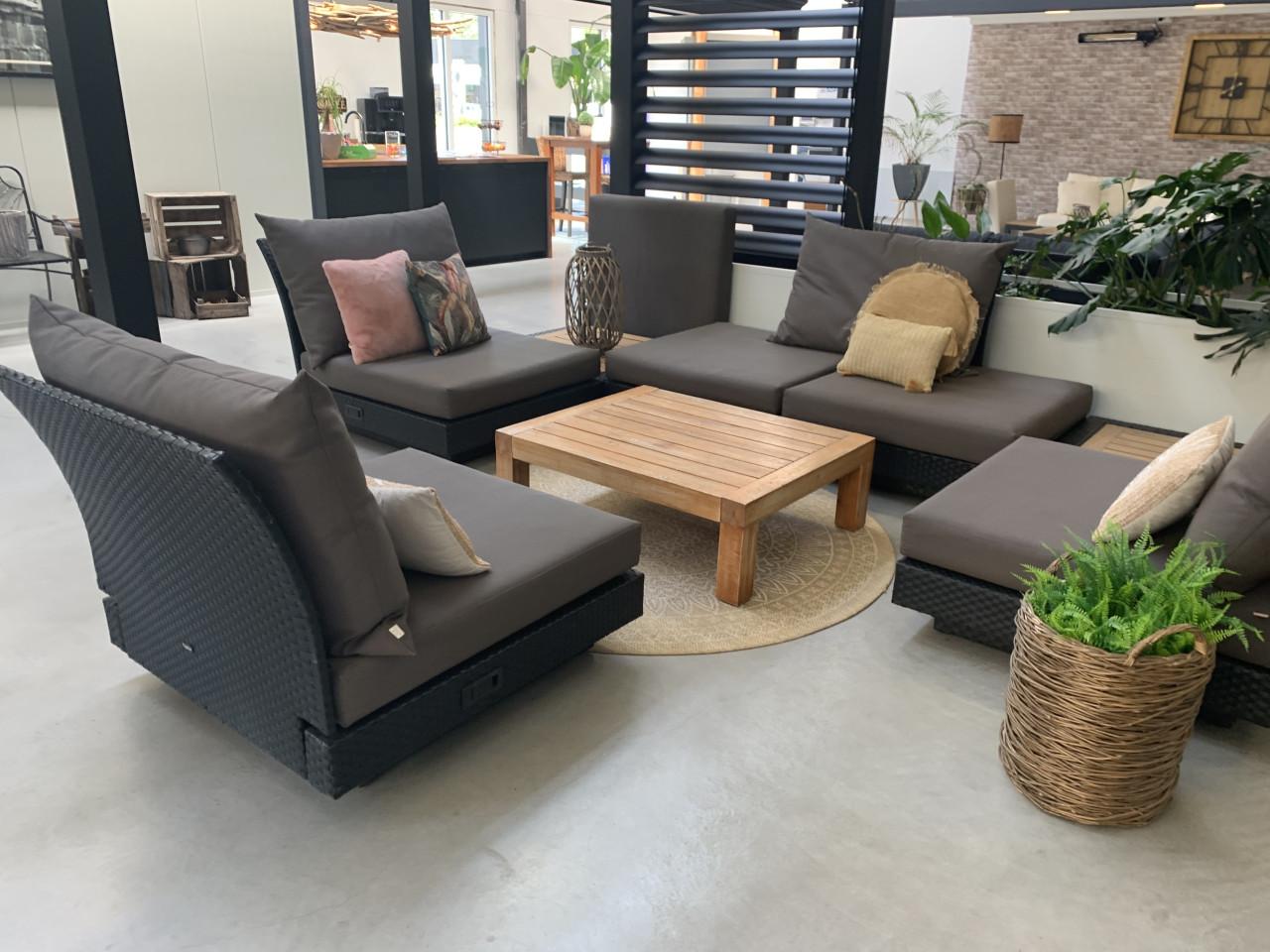 Loungeset zwart met ALL WEATHER kussens en 3 tafels.