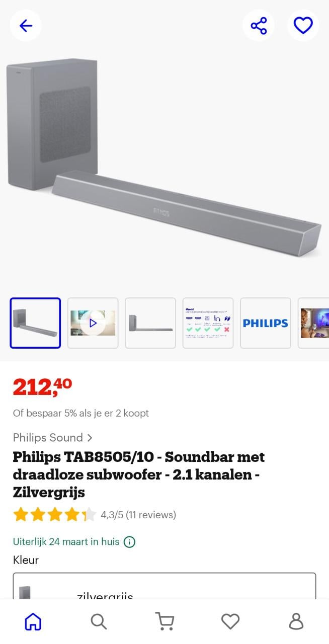 Phillips TAB8505/10 soundbar met draadloze subwoofer 2.1 kanalen.