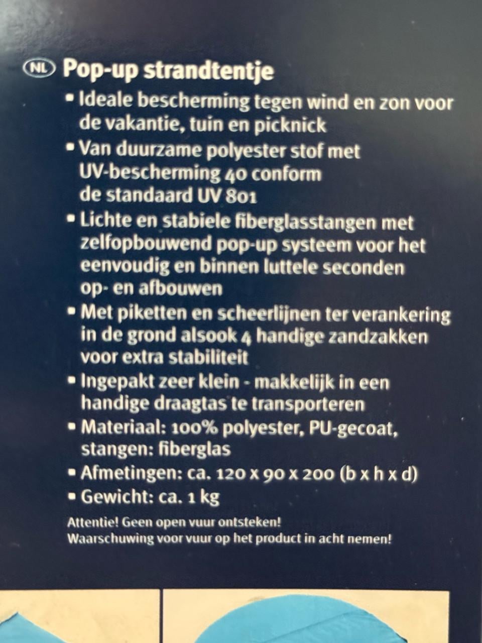 Blauwe Crivit pop-up strandtent in draagtas