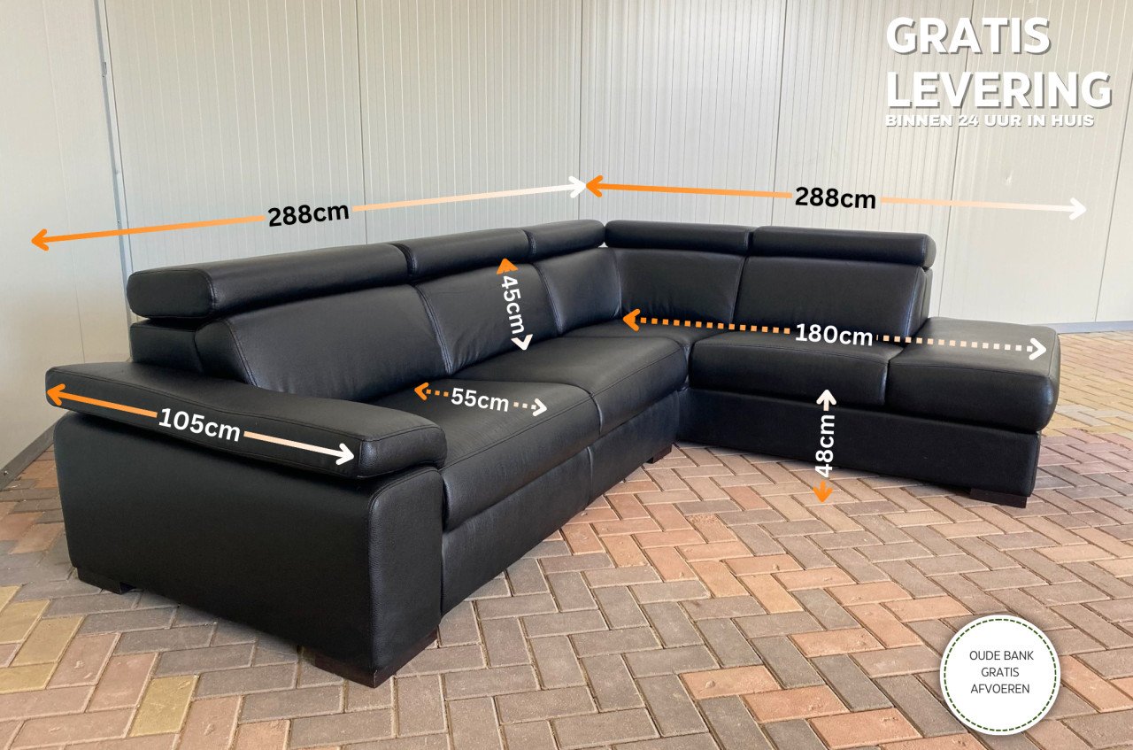 GRATIS LEVERING HEEL NL Zwarte Echt Leer Hoekbank met Chaise Lounge