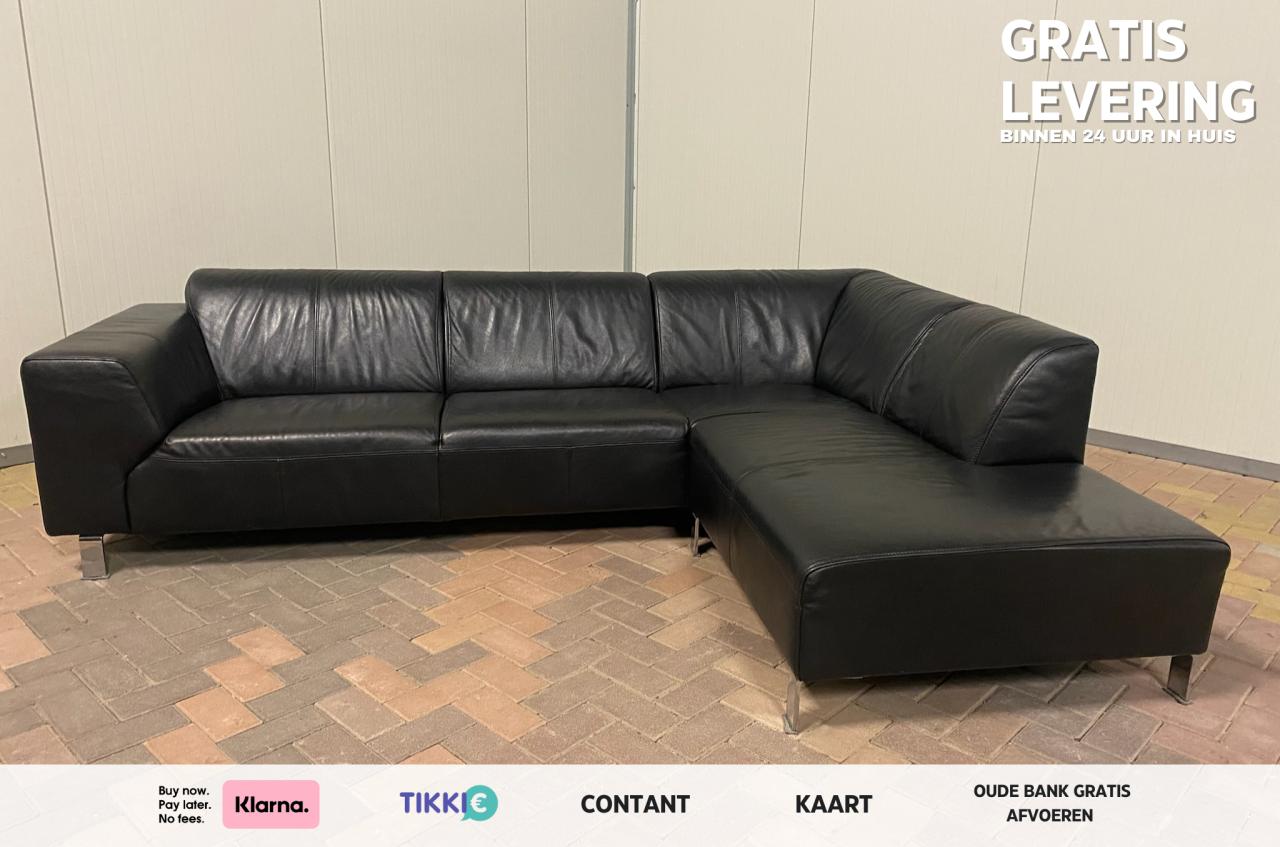 Zwarte Echt Leren Hoekbank-Gratis Levering NL