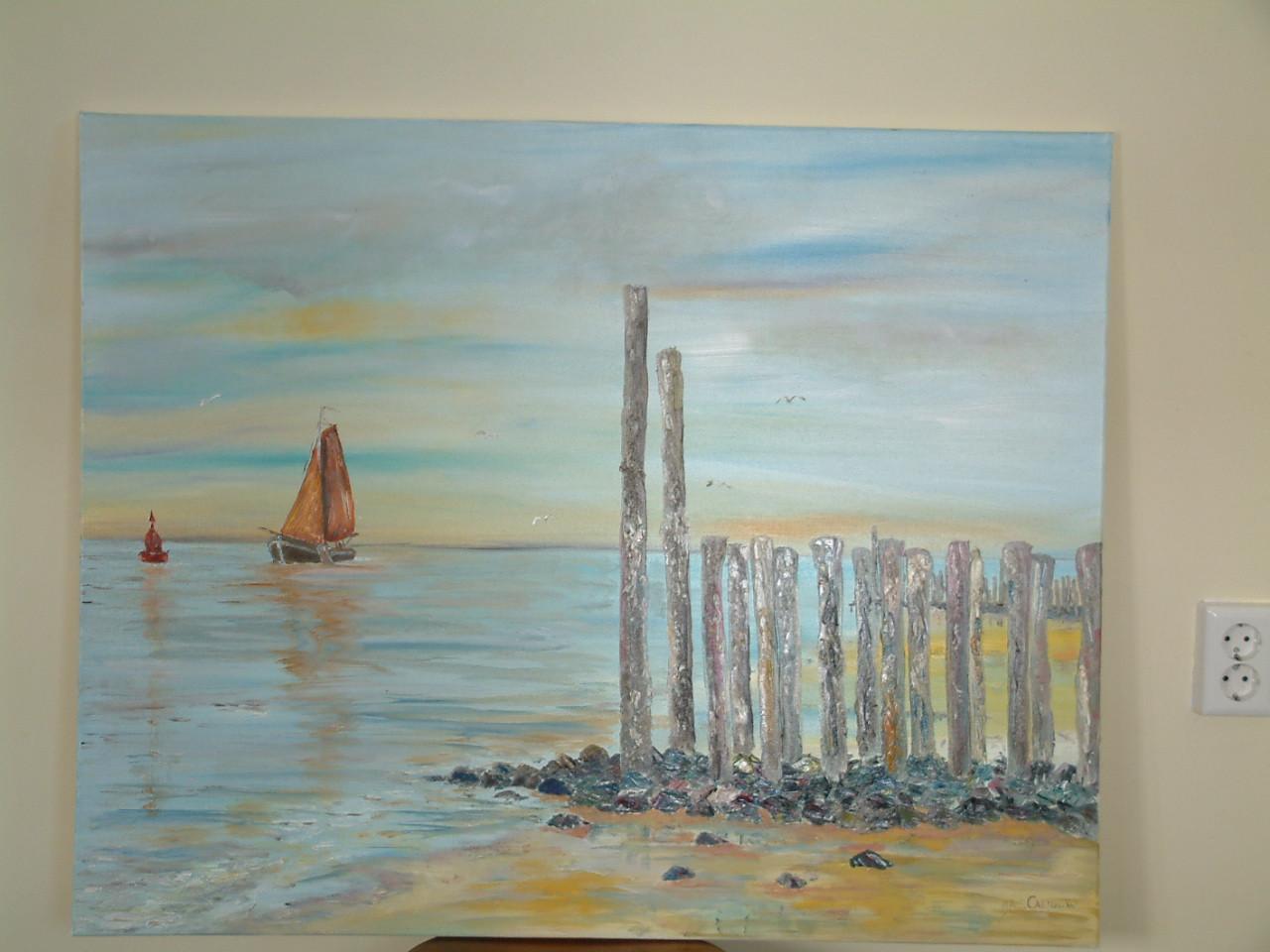 Strand met basalt -zeepokken 100 x 80  schilderijen  Jac Caljouw Arnemuiden