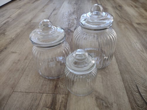 Luxe set glazen weckpotten, stolpen met deksel, koekjespot.