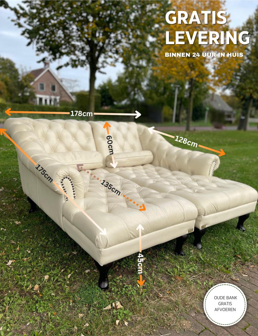 Chesterfield Chaise Lounge Set -Tijdloos Echt Leer Design-Luxe Uitstraling