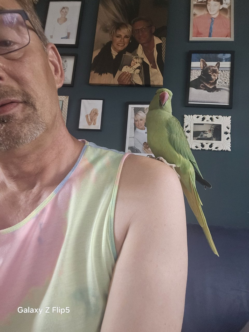 Zeer lieve halsband parkiet  vrouw met volière zand en voer