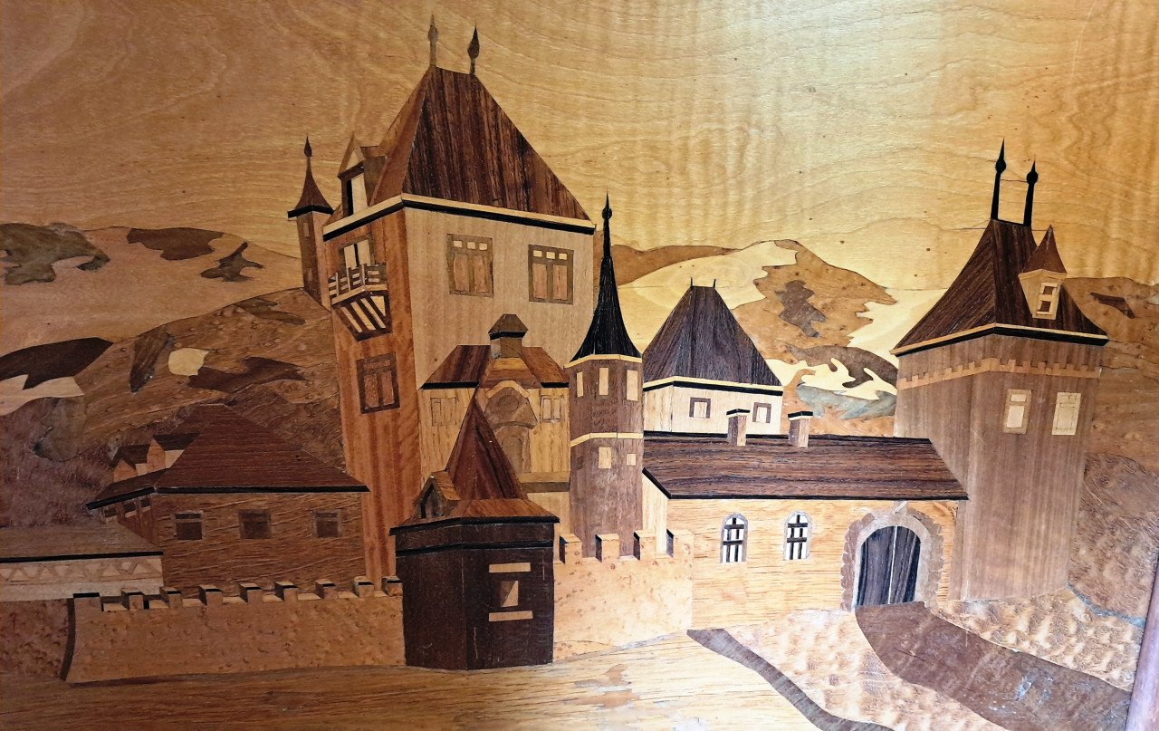 Houten marketerie kunstwerk