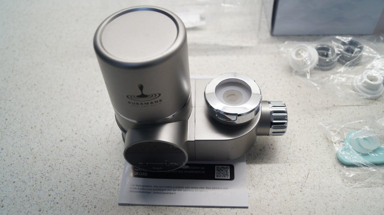 Puramane waterfilter voor op de kraan met 2 extra filters.