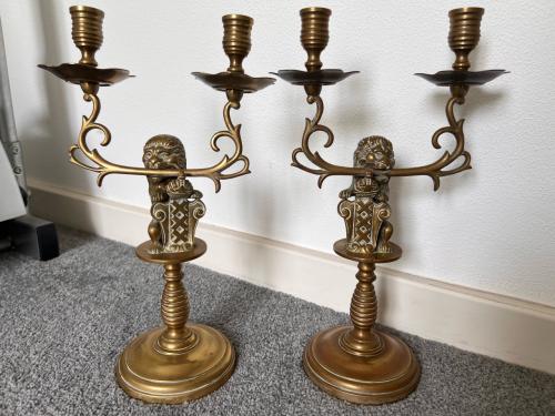 Antieke Koperen Kandelaars met Leeuwen (Set van 2)