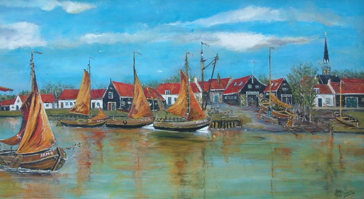 Arnemuiden  haven  werf van vroeger op doek 120 x 60 cm