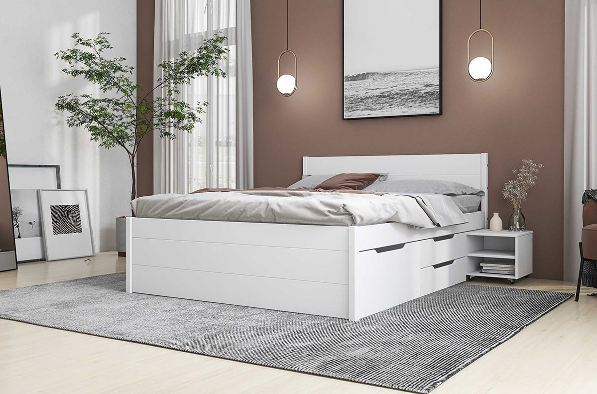 Tweepersoons massief grenen bed in Wit. 140, 160 of 180