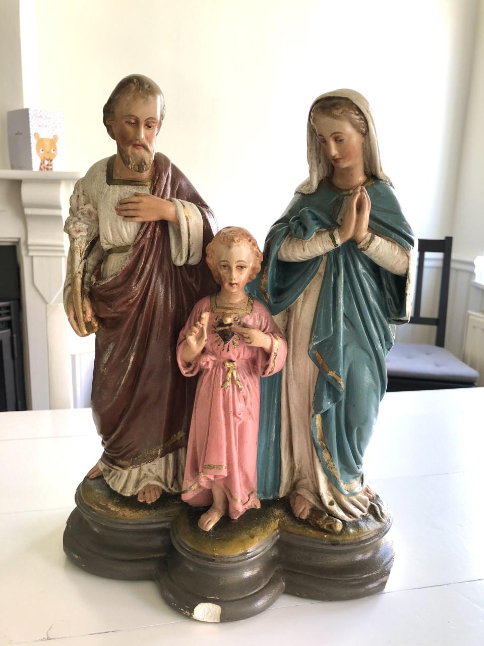 Mooi brocante heilig familiebeeld met Maria, Jozef en kindje Jezus