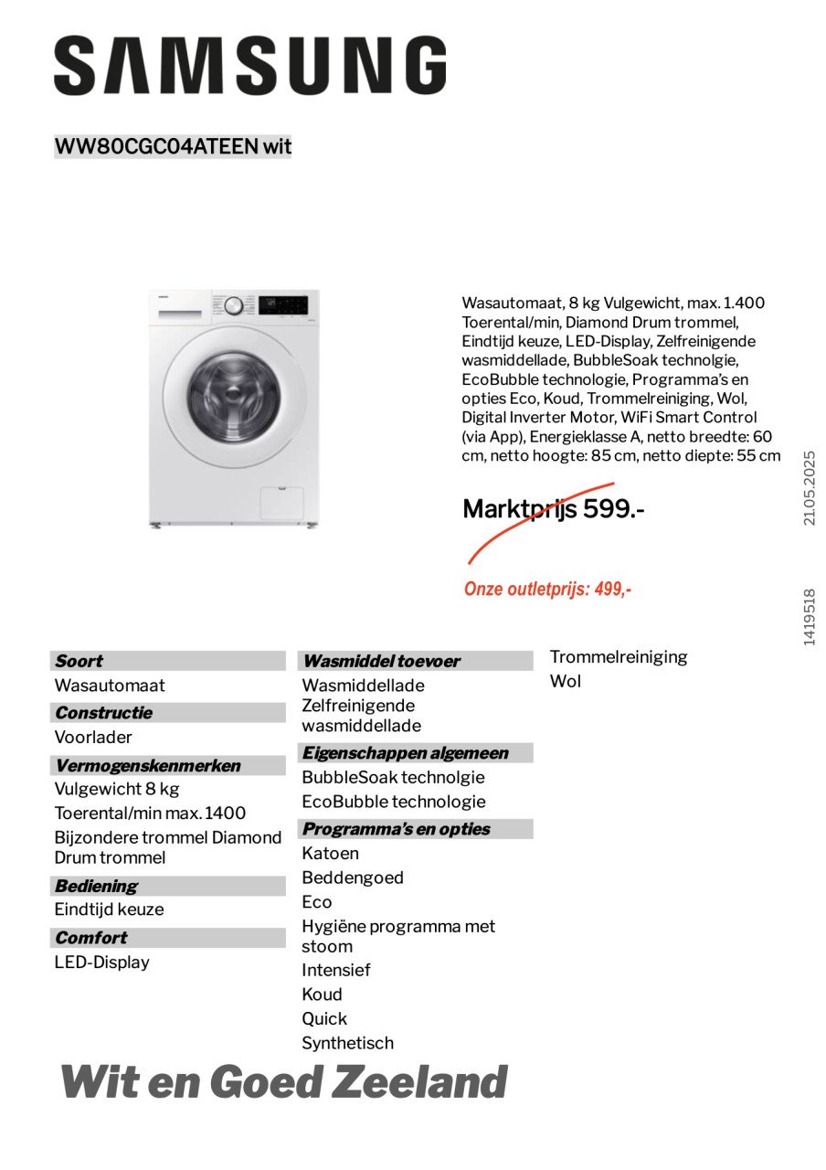 Samsung wasautomaat 8Kg 1400tpm (nieuw/outlet)