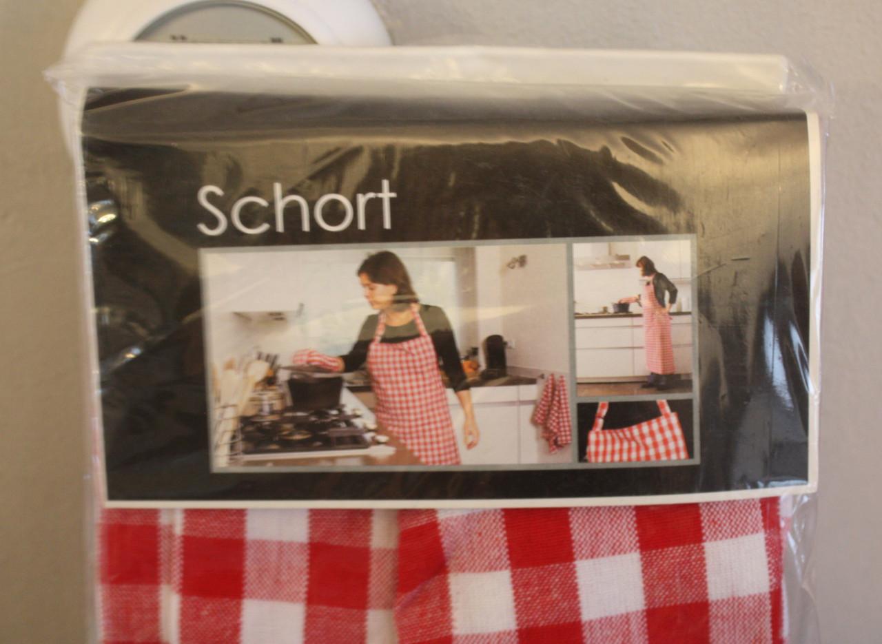 Nieuw in verpakking keukenshort wit rood geblokt