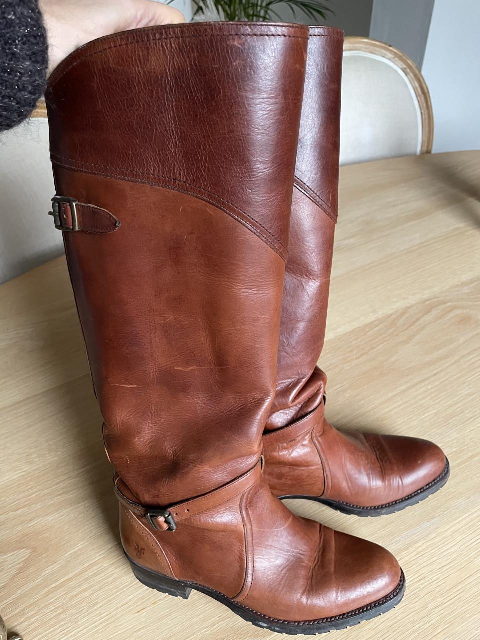 Cognac leren Frye boots met konijnenbont, maat 39