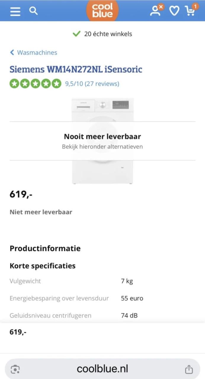 A+++ klasse Siemens WM14N272NL iSensoric 7 kg. 1400 toren