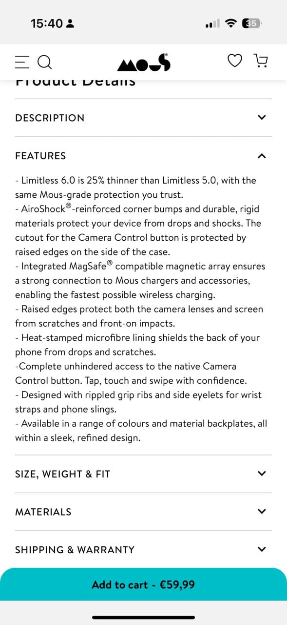 Mous iPhone 16 Pro Limitless 6.0 Aramid Fibre case