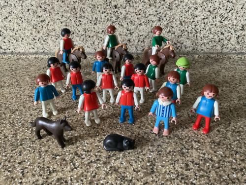 Playmobil. Klein. 20 poppetjes, 3 paarden, hond en kat, traktor, sportwagen