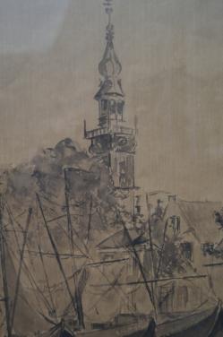 Aquarel Vissersboten/Stadhuis Veere gesign. gedat.