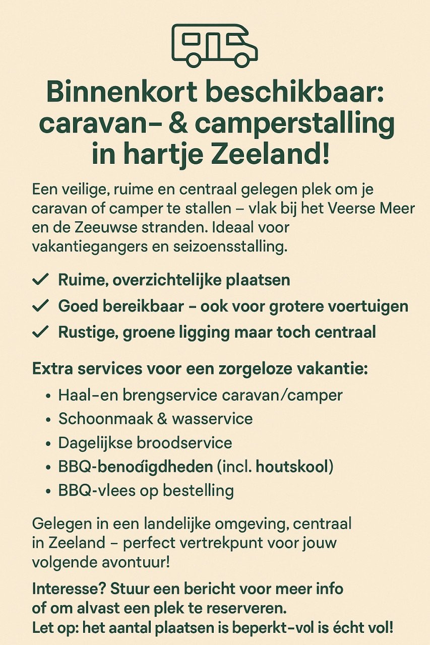 🔸 Caravan/Camperstalling Zeeland | Overdekt in loods | Vlakbij Veerse Meer