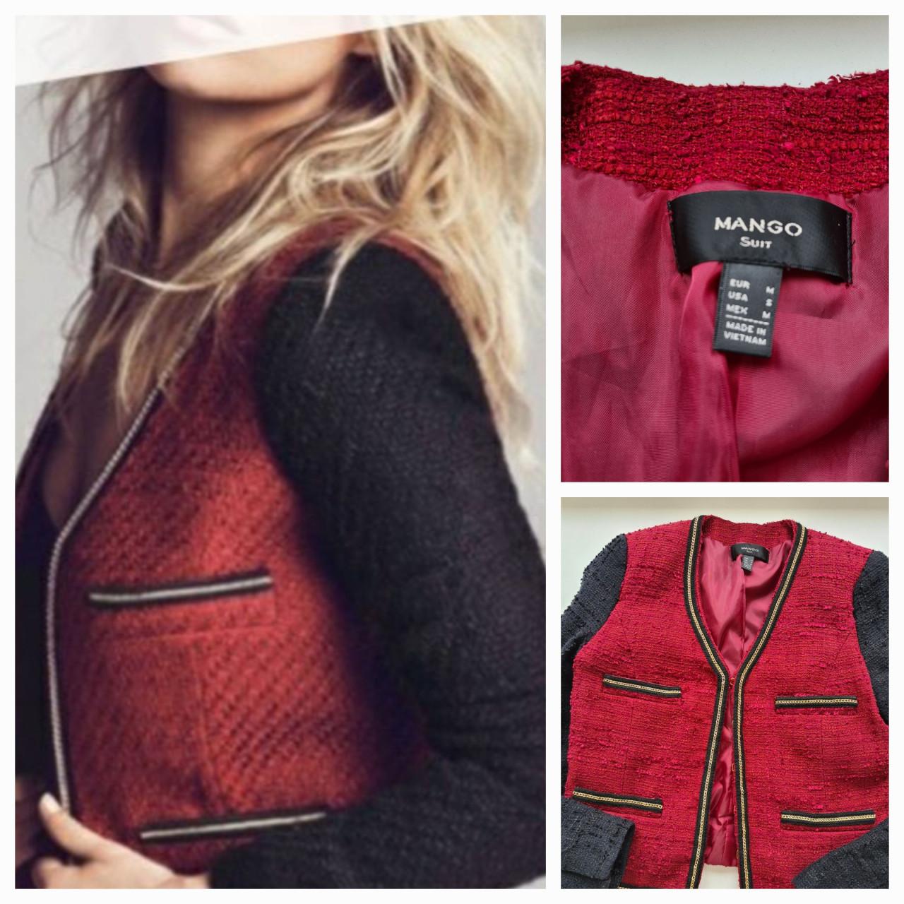 Stijlvol Mango tweed jasje in een opvallende rood-zwarte kleurencombinatie.