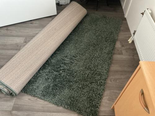 Mooi groen/petrol hoogpolig vloerkleed