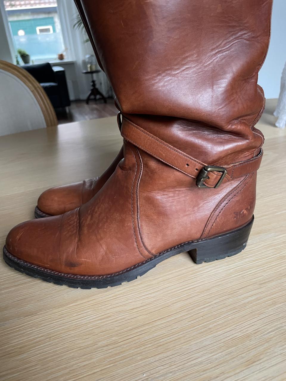 Cognac leren Frye boots met konijnenbont, maat 39