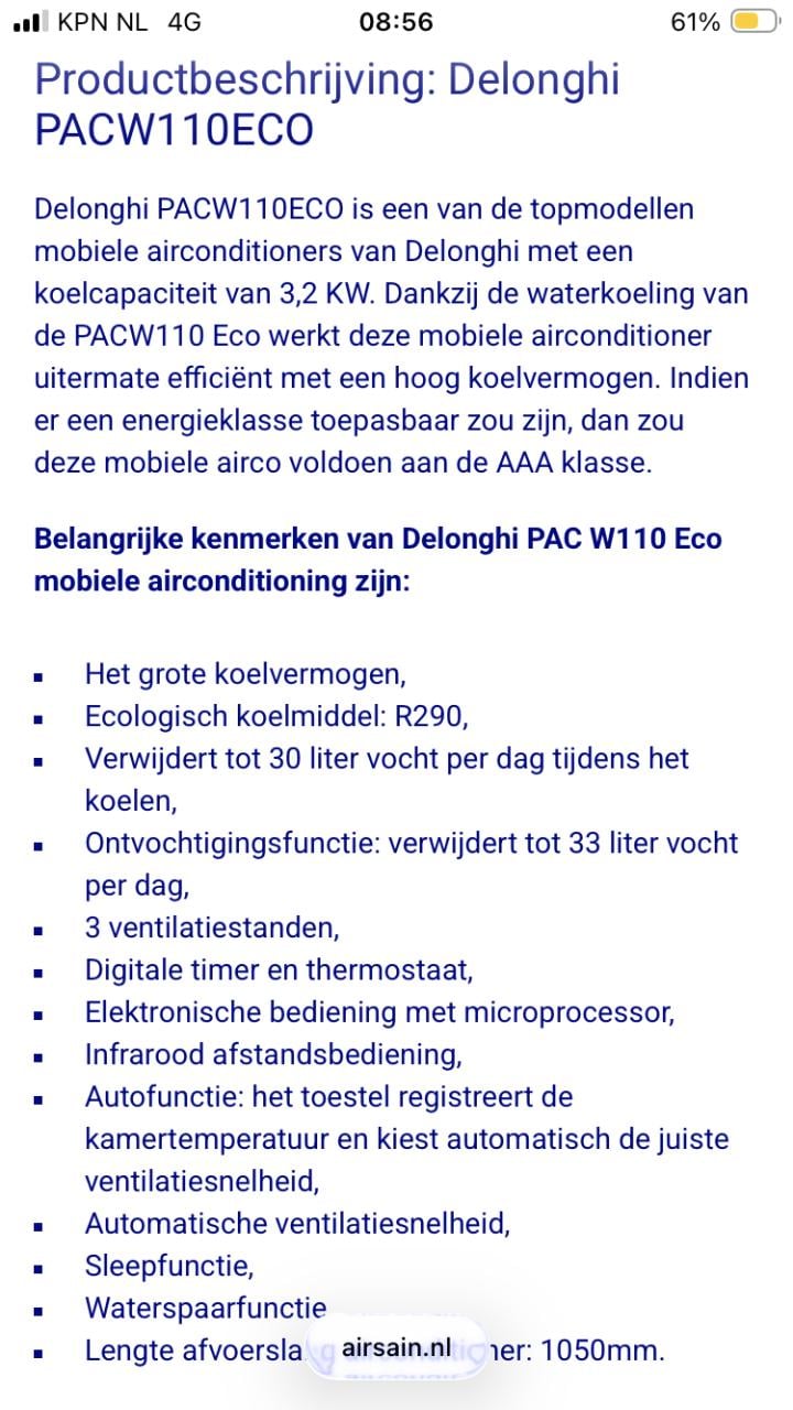 Delonghi PAC W110 3.2KW mobiele airco met afstandsbediening en afvoerslang
