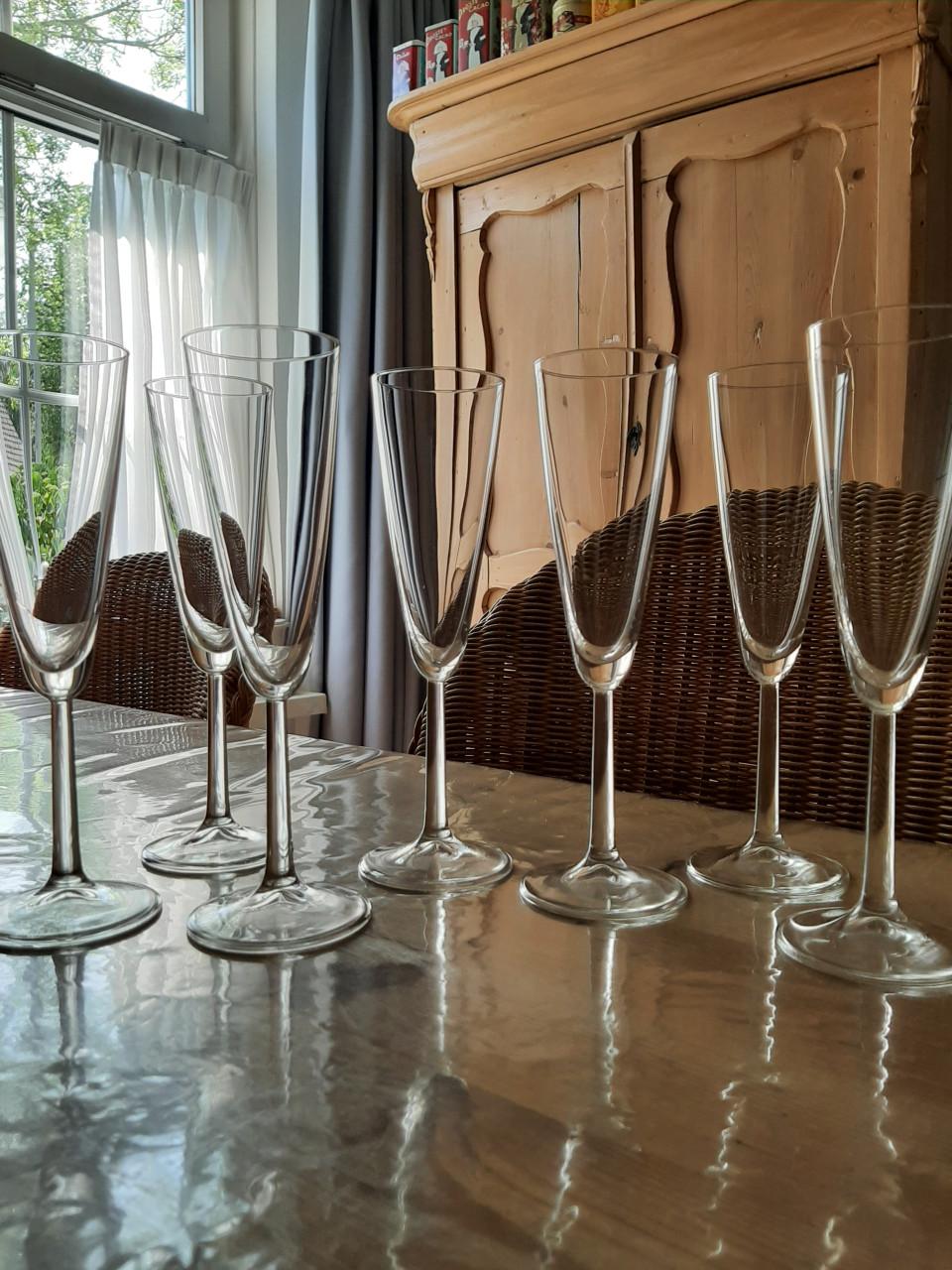 ROYAL LEERDAM - 7  CHAMPAGNE GLAZEN - DIA6 CM , HG 22 CM