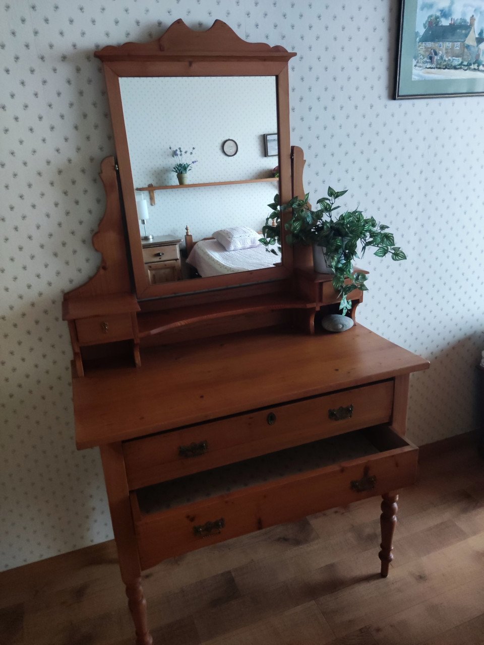 Nostalgische grenen kaptafel / toilettafel met spiegel (kan los) en 2 laden