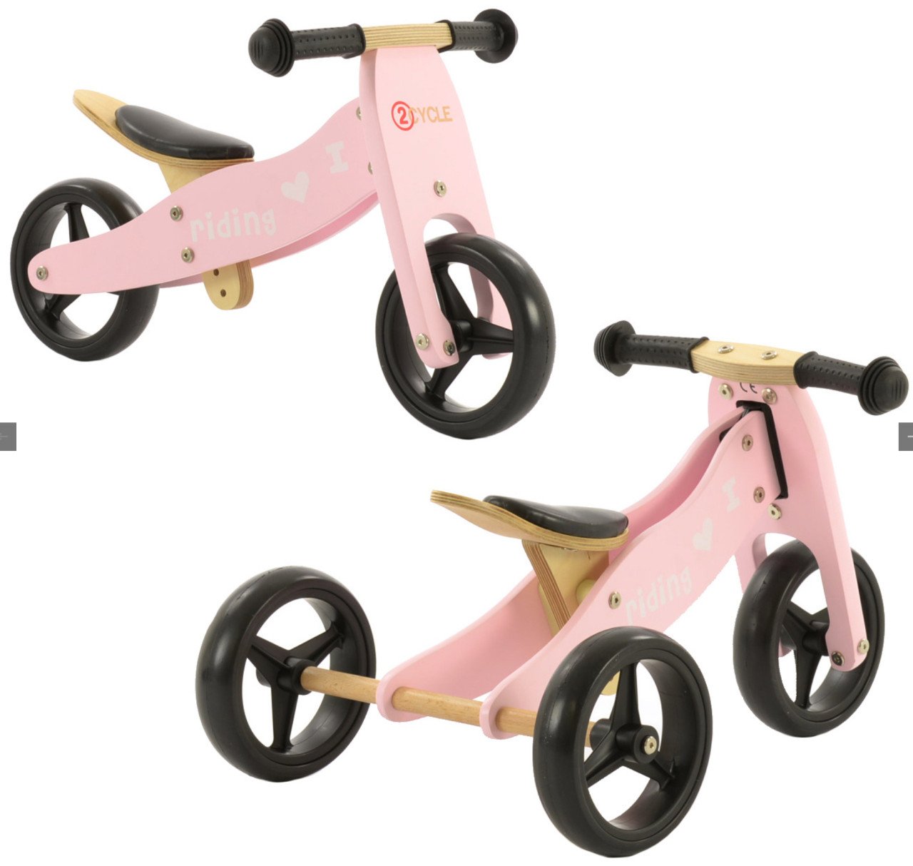 2 in 1 2Cycle houten loopfiets/driewieler roze