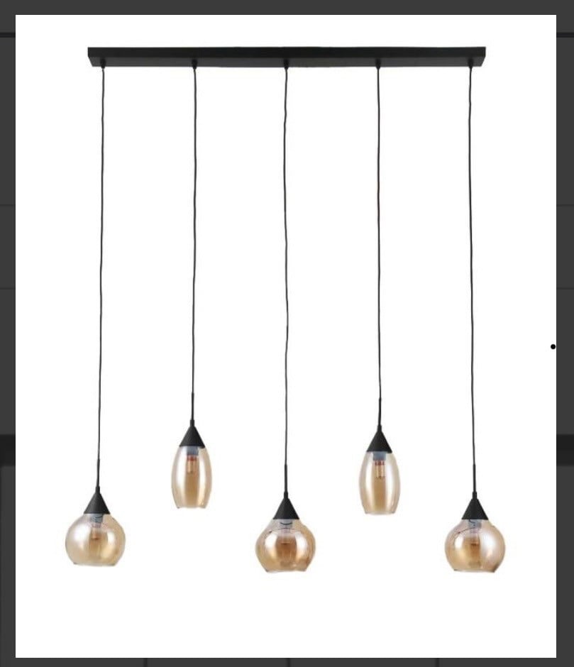 📦 Te koop: Hanglamp “Lungo”5-lichts met amberkleurig glas-NIEUW in doos