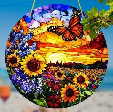 Raamhanger zonnebloem + ondergaande zon