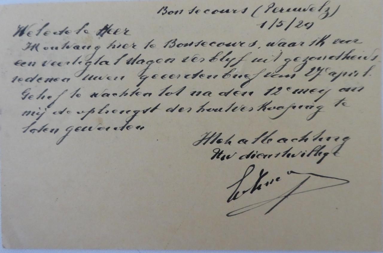 Briefkaart, 1929, Bon-Secours (België) – Sluis (NL)