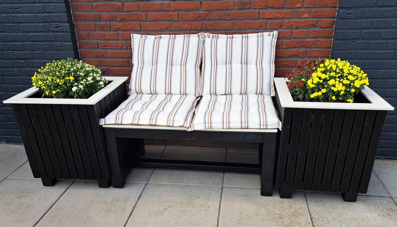 Mooie, stevige tuinbank incl. 2 plantenbakken - strak design