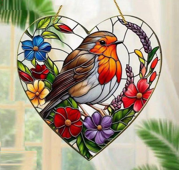 Raamhanger roodborst ( glas in lood stijl )
