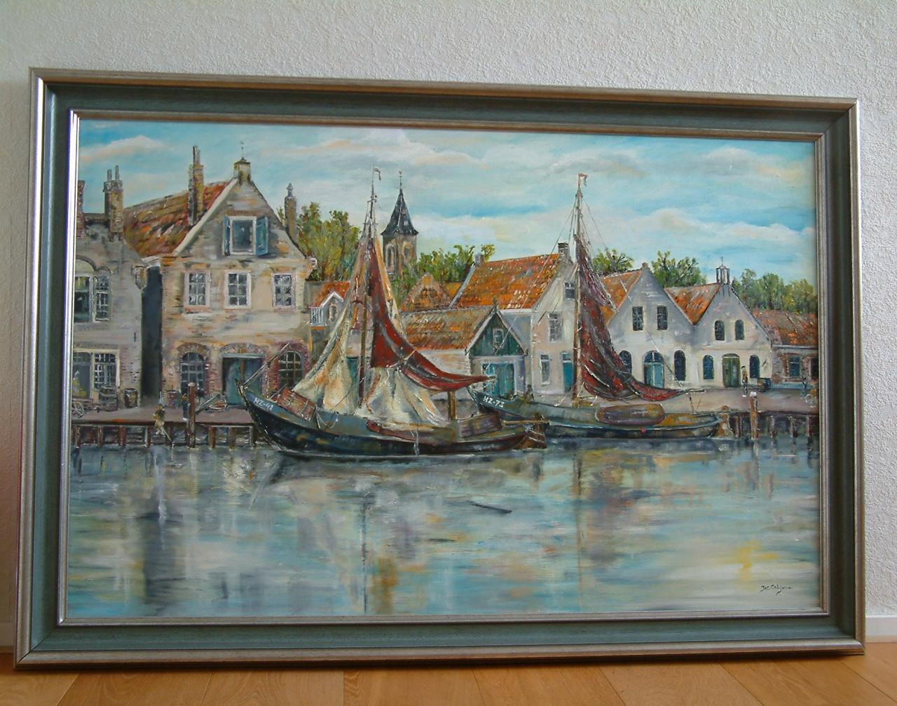 Zuiderzee botters in de haven   140 x 80 cm  olie verf  Jac Caljouw
