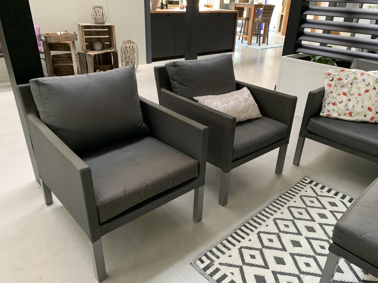 Antracietkleurig All Weather loungeset bank, 4 stoelen en hocker/ tafel.