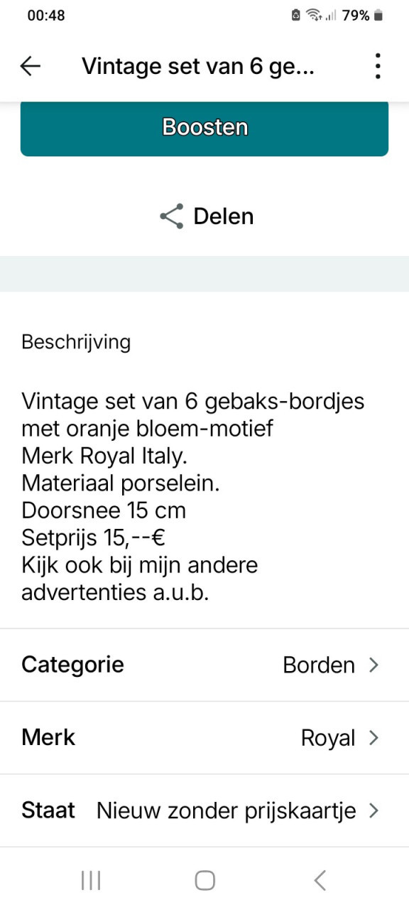 Vintage set van 6 gebaks- bordjes 15,--€