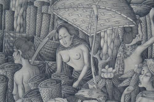 Twee prachtige enorme Balinese schilderijen, pendanten, gesigneerd