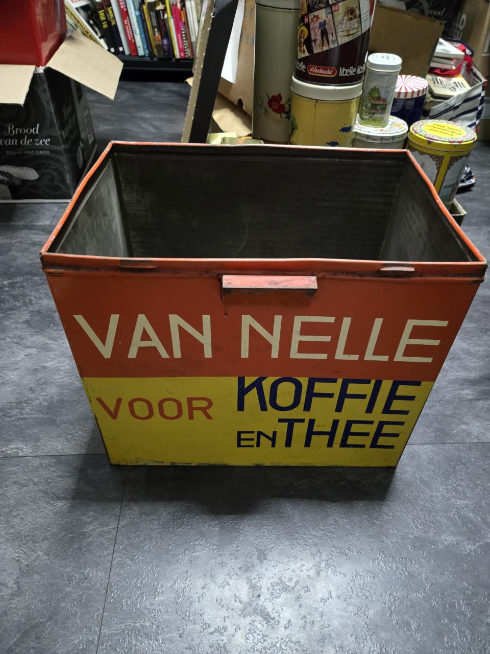 Groot, vintage Van Nelle voorraadblik voor koffie en thee jaren 30 tot 50