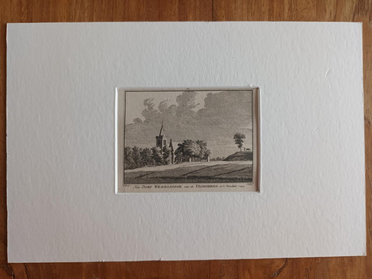 Ets Het dorp Wemeldinge met de Vloedberg uit 1743