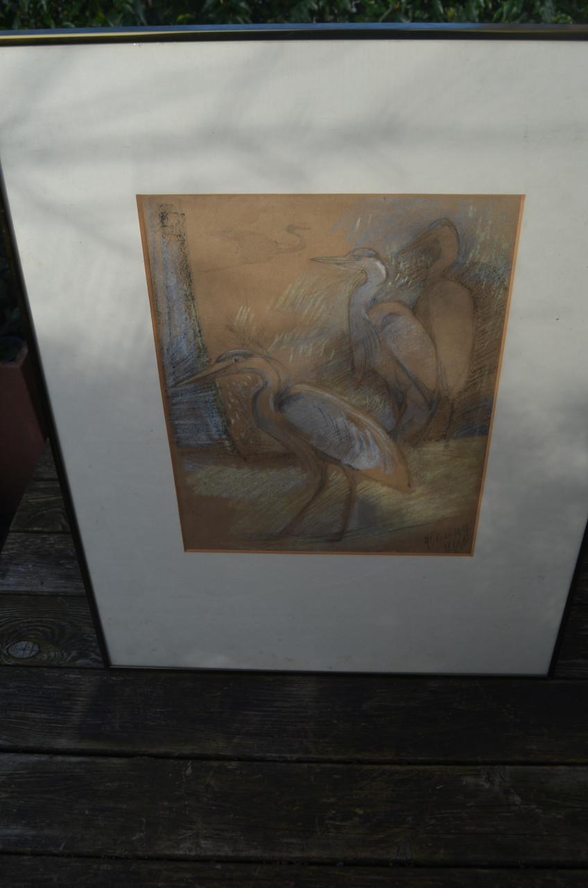 Leuke pastel '4 reigers' gesign. gedat. goede staat