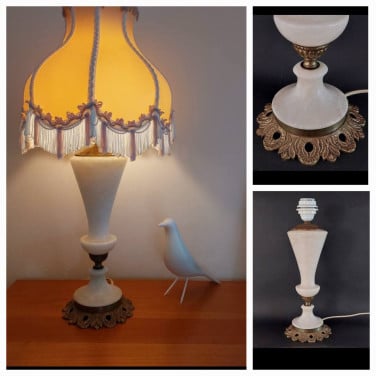 Vintage marmeren tafellamp met messing voet – Franse stijl, ca. 1950-1960