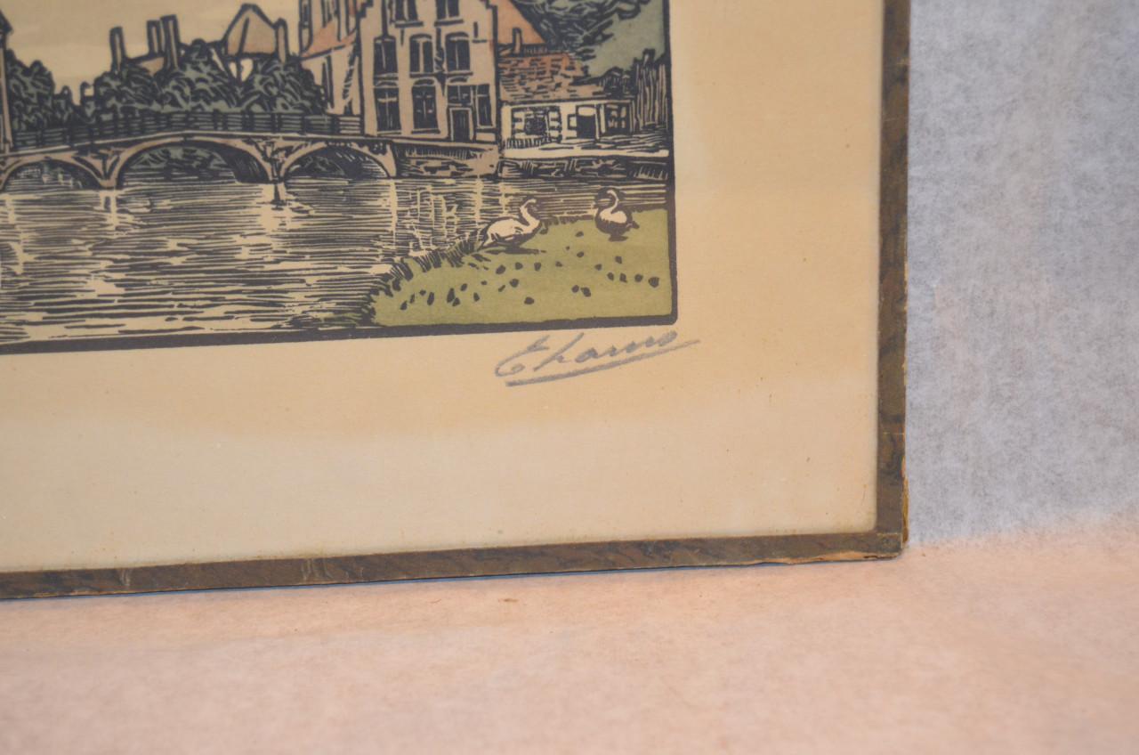 4 Etsjes gesign. ' E. Laun ' (?) dorps / stadsgezichten