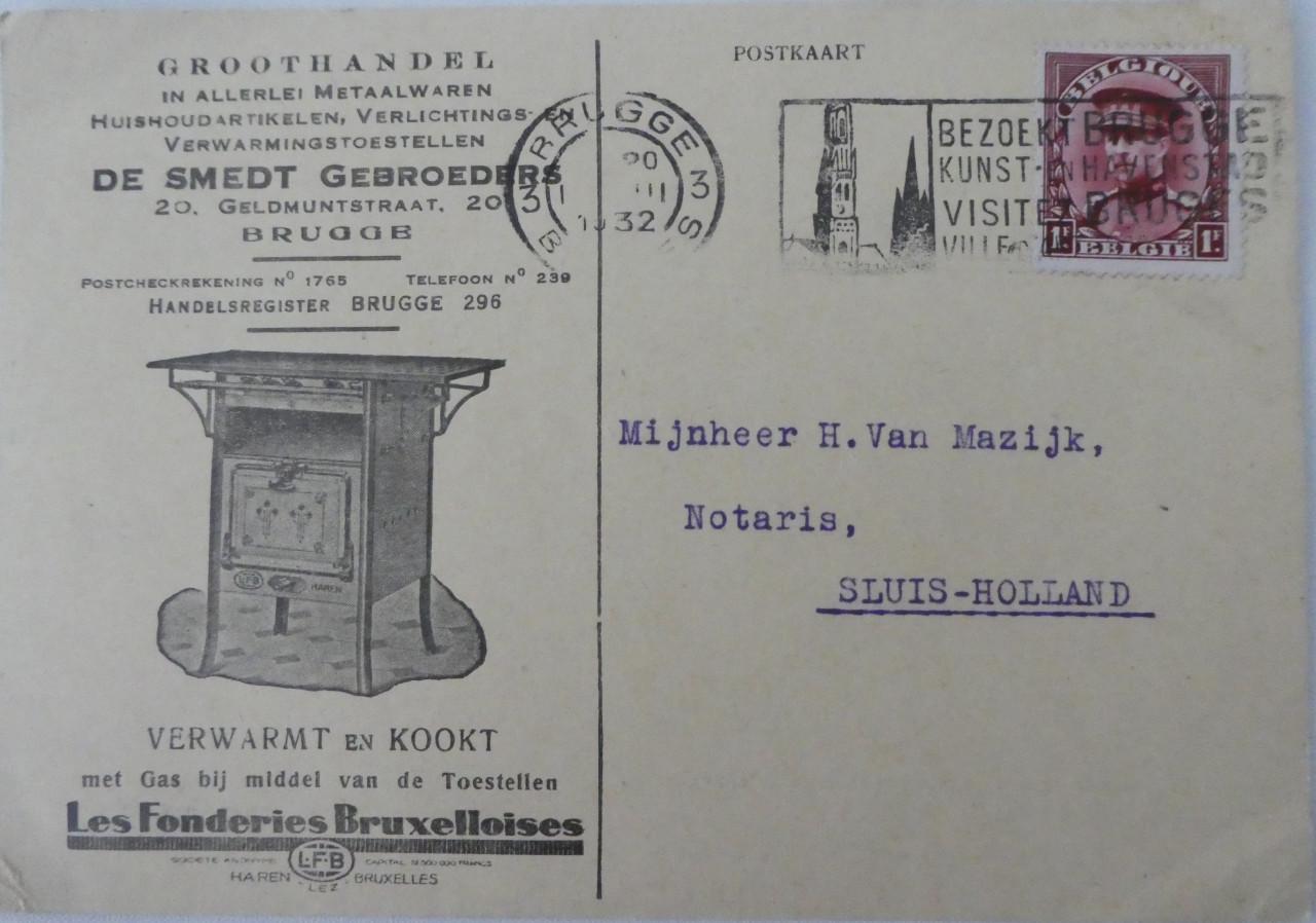 Firma Briefkaart, 1932, Brugge-Sluis, De Smedt groothandel metaalwaren